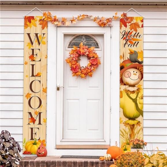 Fall Scarecrow Porch Banner Sign Welcome Fall Pumpkin Maple Leaf Banners Autumn - Picture 4 of 7